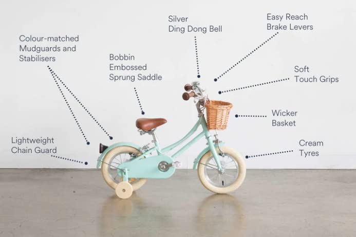 Bobbin Gingersnap 12" Wheel Kids Bike for Girls & Boys Ages 2-4 Years Old, Children Bicycle with Stabilisers, Bike Bell & Wicker Basket (Pale Green)