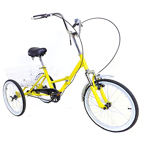 WooDerson 20 Inch Tricycle For Adults, Foldable 3 Wheel Bike Max Load 110Kg, Carbon Steel, Yellow Bicycle 1 Speed, With Basket, Elderly Friendly, For Park Shopping Exercise Etc