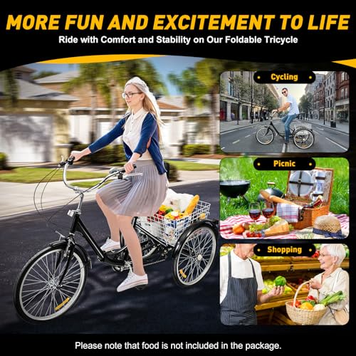 WOLEGM 24 Inch Folding Bike Tricycle for Adults, Foldable 7 Speed Tricycle Cycling Saddle with Backrest and Shopping Basket for Adults and Elderly, Height Adjustable 75-92 cm, Black