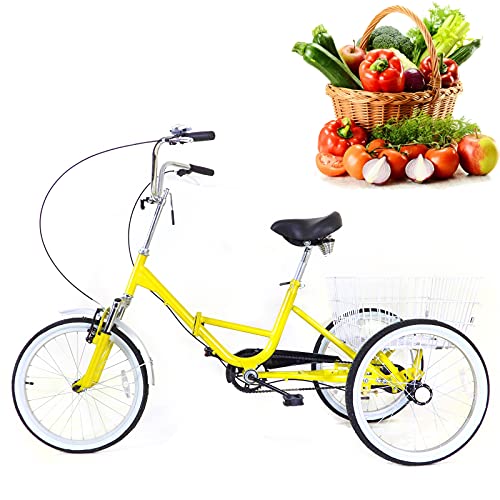 WooDerson 20 Inch Tricycle For Adults, Foldable 3 Wheel Bike Max Load 110Kg, Carbon Steel, Yellow Bicycle 1 Speed, With Basket, Elderly Friendly, For Park Shopping Exercise Etc