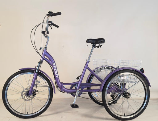 Folding tricycle, tricycle, 24" wheels, three wheel bicycle, trike with 6 speed gears, folding trike (Matte Purple)