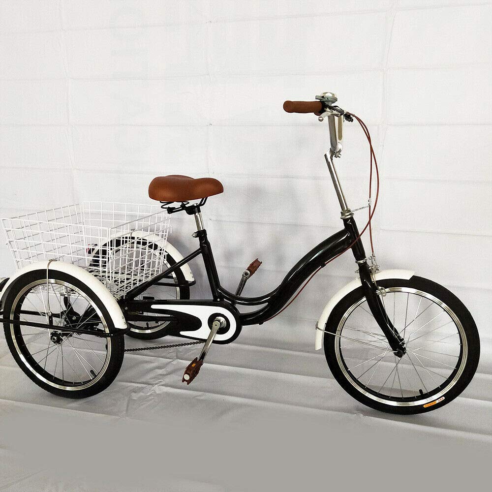 ROMYIX 20'' Tricycle Adult 3 Wheel Bike Trike Cruiser Single Speed Elderly Bicycle w/Shopping Basket (Black)