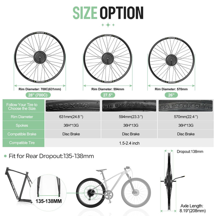 Varstrom 36V 250W Rear Ebike Conversion Kit 26" Rear Wheel Hub Motor Kit Electric Bike Conversion Kit with DZ40 Display & PAS Sensor & Controller for City & Mountain Bikes