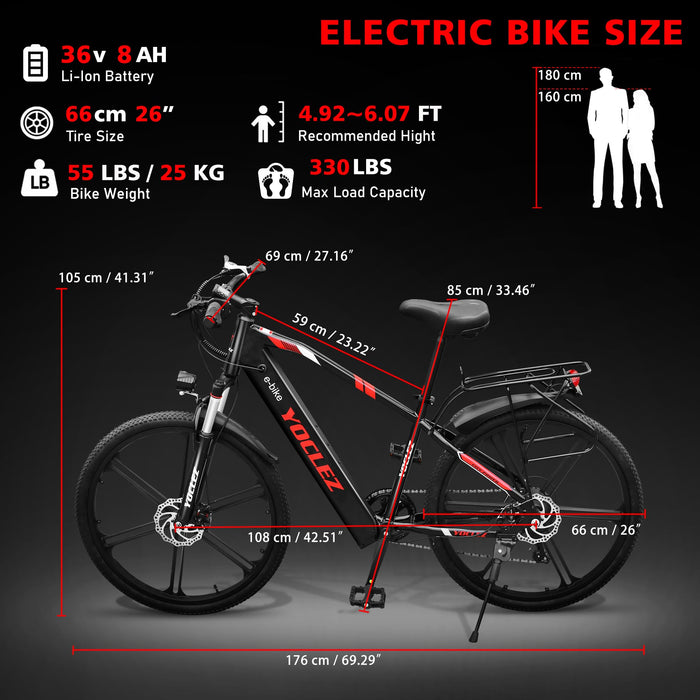 GSOU 26" Electric Bikes for Adults. 2603 E-Bike with 250W High-Speed Mid-Drive Brushless Motor. Electric Bicycle Built-in 36V-8AH Removable Li-Ion Battery, 7-Speed, LCD Display, Dual Disc Brake