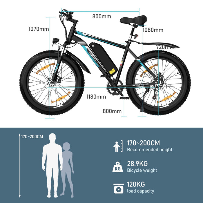 HITWAY Electric Bike E Mountain Bike, 26 * 2.1/4.0 Electric Bicycle Commute E-bike with 36V12Ah/48V15Ah Removable Battery, 7 Speed, range 35-90km