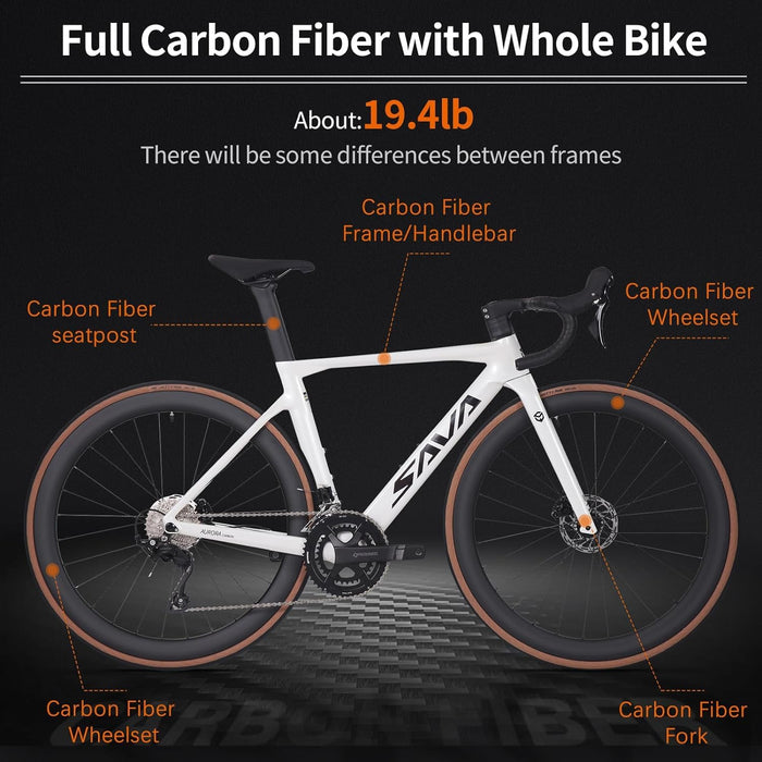 SAVADECK Carbon Fibre Road Bike, Hydraulic Oil Disc Bike with Carbon Fibre Frame and Wheelset, Lightweight Full Carbon Fibre Racing Bike with 105 R7120 24S Shift Set for Adults(White 51cm)