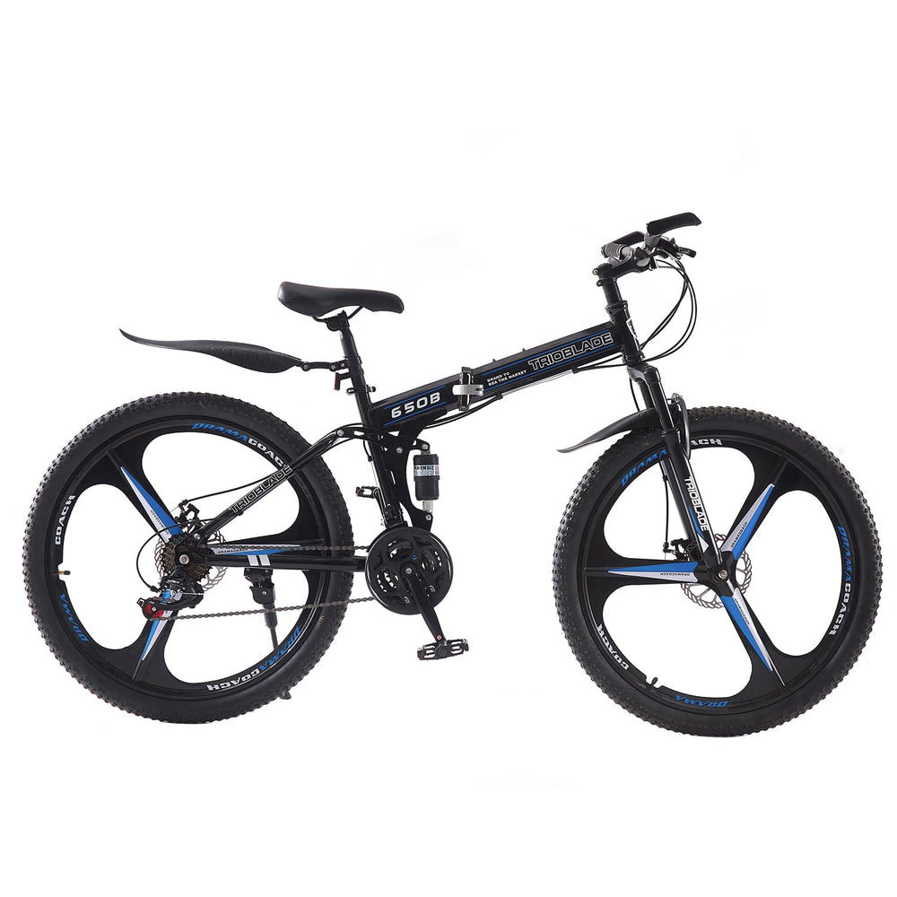 BSTSEL 26 Inch Adult Folding Mountain Bike, Dual Suspension Mountain Bikes with 26 Inches 3-Spoke Wheel, Shimano 21 Speed Mens and Womens Foldable Mountain Bicycle (26 Inch Black& Blue)