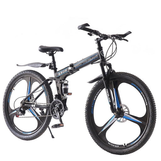 BSTSEL 27.5Inch Adult Folding Mountain Bike,Dual Suspension Mountain Bikes with 27.5 Inches 3-Spoke Wheel, Shimano 21 Speed Mens and Womens Foldable Mountain Bicycle (27.5 Inch Black& Blue)