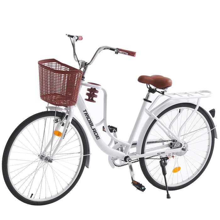 TRIOBLADE Ladies Bike with Basket Hybrid Bike for Women 26 Inch Wheel Lightweight Commuter City bike Retro Bicycle 16" Frame (White)