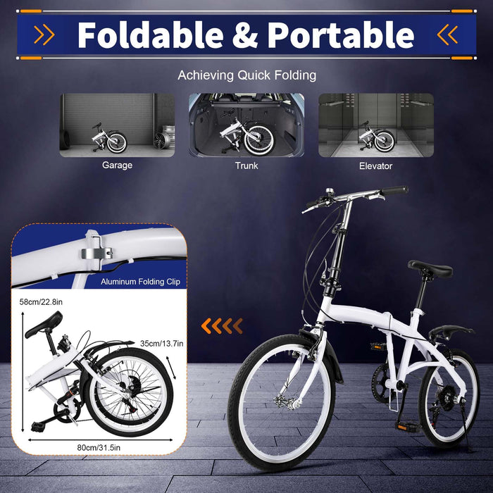 Chynalys 20 Inch Folding Bike Adult, 6 Speed Mountain Bike, Adjustable Height Foldable Bike, Light Weight Folding Bike for Adult Men and Women Teens City Bike for Children, Double V Brake, White