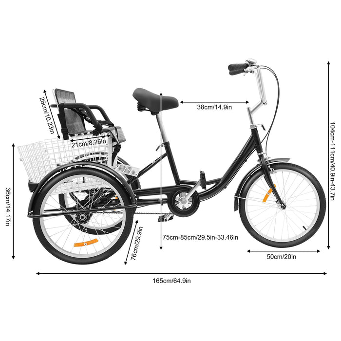 MEHOOSPVN Tricycle Adult 20 Inch Child Seat, Folding Back Basket, Height Adjustable, 1 Speed, Carbon Steel 3 Wheel Bike, Wheel Diameter 50cm, Dual Brake System, Cargo Tricycle Cruising Bike Tricycle