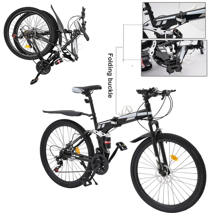 Levkitch 26 Inch Adult Folding Mountain Bike 21 Speed Mens MTB Foldable Bicycle with Disc Brakes Carbon Steel Frame Bicycle with Mudguard (Black-Silver)