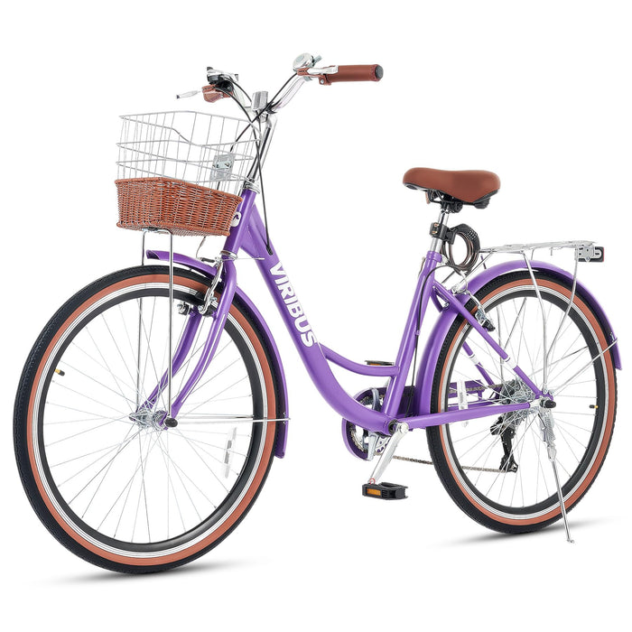 Viribus Women’s Cruiser Bike, 61 cm 7 Speed Bicycle for Women, Beach & City Cruiser Bike with Shimano Derailleur Rattan Basket Steel Rack, Step Through Bike for Women Adults, Purple