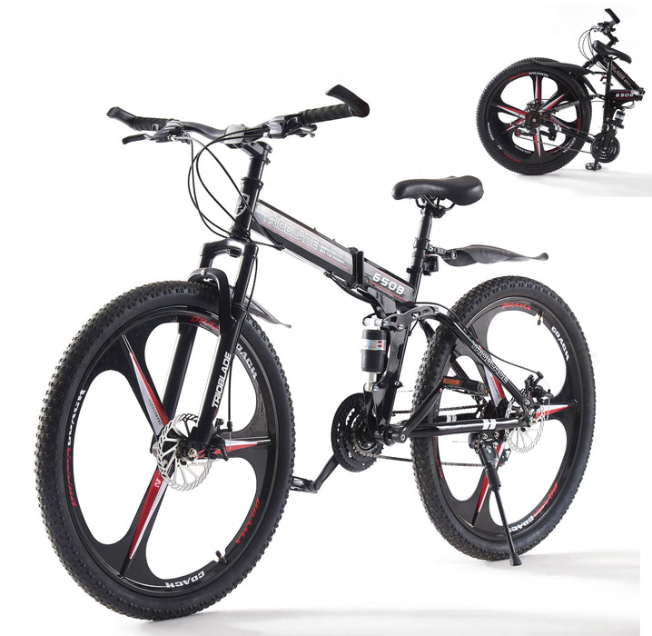 LSLIFE Folding Mountain Bike, 26 27.5 Inch Folding Bike for Adult 21-Speed Folding Bicycle for Men Women Shimano Drivetrain Dual Disc Brakes 3 Spoke Wheels Shock Absorber (Black & Red, 27.5 Inch)