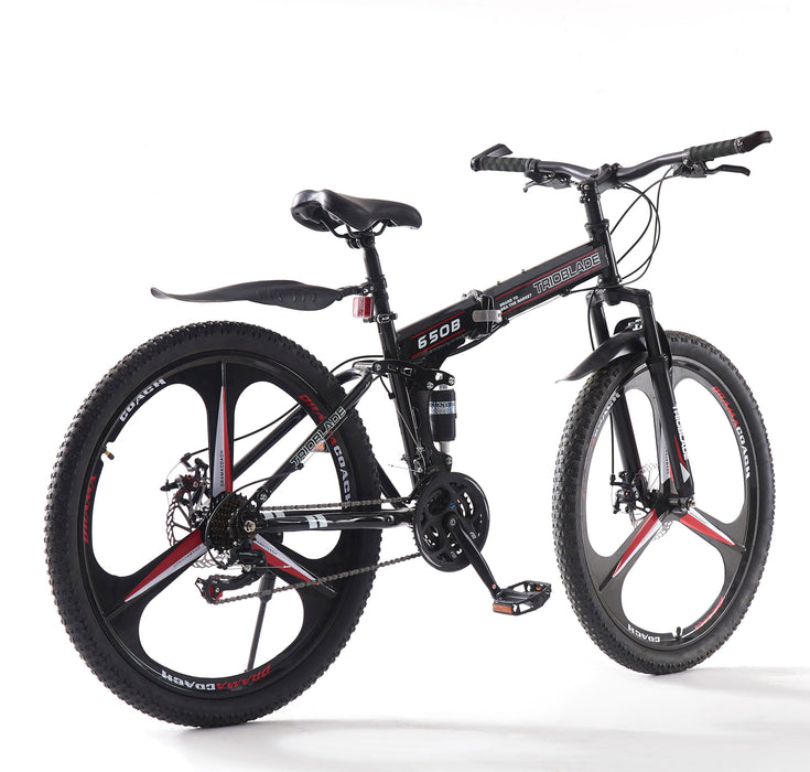 LSLIFE Folding Mountain Bike, 26 27.5 Inch Folding Bike for Adult 21-Speed Folding Bicycle for Men Women Shimano Drivetrain Dual Disc Brakes 3 Spoke Wheels Shock Absorber (Black & Red, 27.5 Inch)