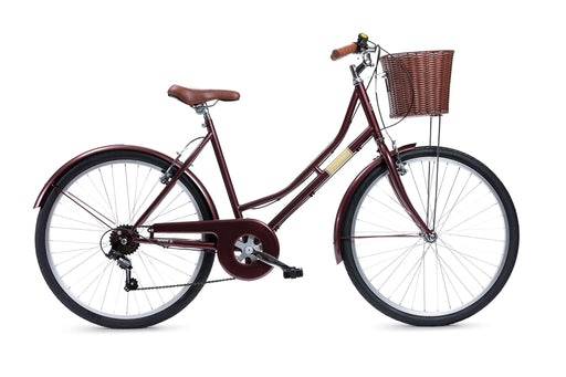 Insync Vienna Women's Heritage Bike With 26-Inch Wheels & 19-Inch Steel Frame, Twistgrip Shifters, Freewheel 6-Speed Index 14-28 T, V-Brake, Dutch style Classic Bike for Women, Burgundy Colour