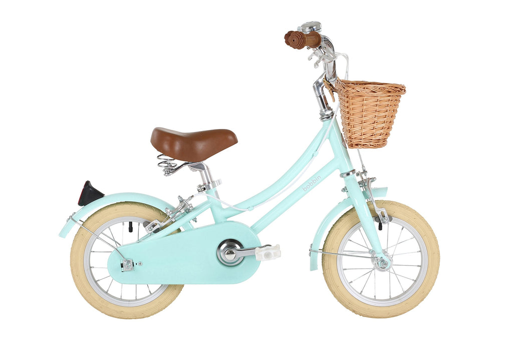 Bobbin Gingersnap 12" Wheel Kids Bike for Girls & Boys Ages 2-4 Years Old, Children Bicycle with Stabilisers, Bike Bell & Wicker Basket (Pale Green)