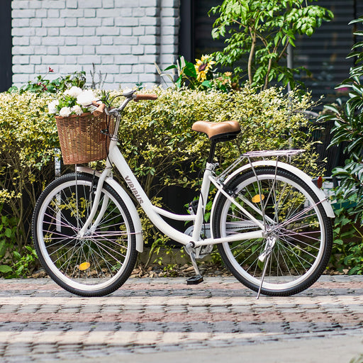 Viribus Vintage Ladies Bike with Basket, 26 Inch Girl’s Bike Dutch Style City Bicycle with Carbon Steel Frame Dual V Brakes, Single Speed Women’s Comfort Bike with Adjustable Seat & Handlebars, White